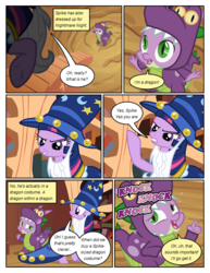 Size: 612x792 | Tagged: safe, artist:newbiespud, edit, edited screencap, screencap, spike, twilight sparkle, dragon, pony, unicorn, comic:friendship is dragons, g4, luna eclipsed, book, clothes, comic, cosplay, costume, dialogue, dragon costume, female, frown, golden oaks library, knocking, looking up, male, mare, nightmare night costume, onomatopoeia, raised hoof, screencap comic, shrug, slit pupils, stairs, star swirl the bearded costume, twilight the bearded, unicorn twilight