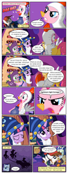 Size: 612x1556 | Tagged: safe, artist:newbiespud, edit, edited screencap, screencap, alula, echo (g4), nocturn, pinkie pie, pipsqueak, pluto, princess luna, spike, twilight sparkle, alicorn, bat pony, dragon, pony, unicorn, comic:friendship is dragons, g4, luna eclipsed, animal costume, bag, bandana, chariot, chicken pie, chicken suit, clothes, colt, comic, cosplay, costume, derp, dialogue, dragon costume, eyepatch, eyes closed, female, filly, frown, hat, looking up, male, mare, mouth hold, night, night guard, nightmare night costume, onomatopoeia, screencap comic, shadow, slit pupils, space helmet, star swirl the bearded costume, sword, transcript in description, twilight the bearded, unicorn twilight, weapon, wizard hat