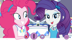 Size: 1920x1080 | Tagged: safe, screencap, pinkie pie, rarity, do it for the ponygram!, equestria girls, equestria girls series, g4, spoiler:eqg series (season 2), bed, bracelet, duo, duo female, female, geode of empathy, geode of fauna, geode of shielding, geode of sugar bombs, geode of super speed, geode of super strength, geode of telekinesis, jewelry, lidded eyes, looking at you, magical geodes, rarity's bedroom, smiling, webcam