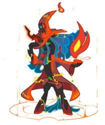 Size: 1811x2156 | Tagged: safe, artist:qazy, queen chrysalis, changeling, changeling queen, semi-anthro, g4, 4chan, arm hooves, belt, bipedal, ear piercing, earring, female, fire, gold, hat, hoof shoes, jewelry, mage, magic, magic circle, necklace, open mouth, piercing, smol, wizard hat