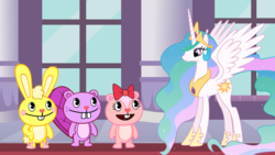 Size: 1986x1117 | Tagged: safe, artist:kaplanboys214, princess celestia, alicorn, beaver, chipmunk, pony, rabbit, g4, animal, cuddles (happy tree friends), giggles (happy tree friends), happy tree friends, this will end in death, this will end in pain, this will end in tears, this will end in tears and/or death, this will not end well, toothy (happy tree friends)