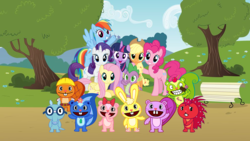 Size: 1982x1117 | Tagged: safe, artist:kaplanboys214, applejack, fluttershy, pinkie pie, rainbow dash, rarity, spike, twilight sparkle, alicorn, anteater, beaver, chipmunk, pony, porcupine, rabbit, skunk, squirrel, g4, animal, bench, cuddles (happy tree friends), flaky, giggles (happy tree friends), handy, happy tree friends, mane seven, mane six, nutty (happy tree friends), petunia (happy tree friends), sniffles (happy tree friends), this will end in death, this will end in pain, this will not end well, toothy (happy tree friends), tree, twilight sparkle (alicorn)