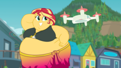 Size: 3840x2160 | Tagged: safe, artist:neongothic, edit, edited screencap, screencap, sunset shimmer, equestria girls, equestria girls series, forgotten friendship, 4k, bbw, beach, belly, belly button, big belly, big breasts, breasts, busty sunset shimmer, clothes, double chin, drone, fat, female, morbidly obese, obese, slobset shimmer, smiling, ssbbw, sunset selfie, swimsuit, weight gain