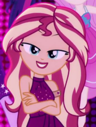 Size: 480x640 | Tagged: safe, edit, edited screencap, screencap, fluttershy, sci-twi, sunset shimmer, twilight sparkle, equestria girls, g4, i'm on a yacht, my little pony equestria girls: better together, cropped, lipstick, neon eg logo, offscreen character, sleeveless, solo focus
