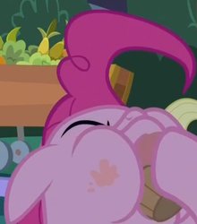 Size: 988x1122 | Tagged: safe, screencap, applejack, pinkie pie, earth pony, pony, g4, the summer sun setback, cropped, cupcake, eating, eyes closed, female, food, great moments in animation, mare, messy eating, ponk, puffy cheeks, solo
