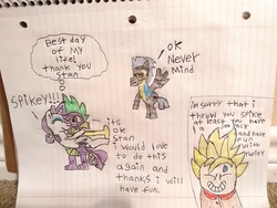 Size: 3264x2448 | Tagged: safe, artist:xxstanthesaiyan, rarity, spike, thunderlane, pony, g4, crossover, female, high res, lined paper, male, ship:sparity, shipping, son goku, straight, traditional art