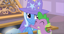 Size: 1917x1037 | Tagged: safe, edit, edited screencap, screencap, spike, trixie, g4, the ending of the end, leak, female, male, shipping, spixie, straight