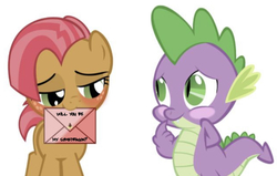 Size: 1034x657 | Tagged: safe, edit, edited edit, editor:undeadponysoldier, babs seed, spike, dragon, earth pony, pony, g4, blush sticker, blushing, cute, envelope, female, filly, freckles, hearts and hooves day, love letter, male, mouth hold, ship:babspike, shipping, straight