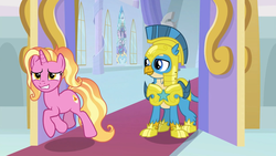 Size: 1920x1080 | Tagged: safe, screencap, gallus, luster dawn, princess flurry heart, griffon, pony, unicorn, g4, the last problem, armor, duo, female, helmet, male, mare, royal guard, royal guard armor, royal guard gallus, stained glass