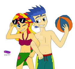 Size: 930x860 | Tagged: safe, artist:stella-exquisa, flash sentry, sunset shimmer, equestria girls, g4, belly button, bikini, clothes, female, male, midriff, sarong, ship:flashimmer, shipping, straight, swimsuit