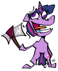 Size: 823x1009 | Tagged: safe, artist:lifesucks, twilight sparkle, pony, unicorn, g4, axe, bipedal, crazy face, cutie mark, faic, female, messy mane, needs more jpeg, ren and stimpy, signature, simple background, solo, standing up, style emulation, twilight snapple, weapon, white background