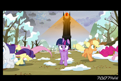 Size: 1288x858 | Tagged: safe, edit, edited screencap, editor:teren rogriss, screencap, applejack, fluttershy, pinkie pie, rarity, twilight sparkle, alicorn, earth pony, pegasus, pony, unicorn, g4, tanks for the memories, barad-dûr, crossover, eye of sauron, lord of the rings, outdoors, sauron, tower, twilight sparkle (alicorn), weather factory