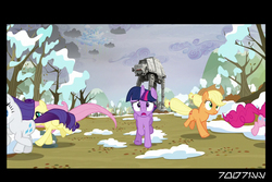 Size: 1288x858 | Tagged: safe, edit, edited screencap, editor:teren rogriss, screencap, applejack, fluttershy, pinkie pie, rarity, twilight sparkle, alicorn, earth pony, pegasus, pony, unicorn, g4, tanks for the memories, at-at, crossover, imperial walker, outdoors, star wars, twilight sparkle (alicorn), walker, weather factory