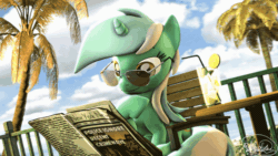 Size: 600x338 | Tagged: safe, artist:whiteskyline, lyra heartstrings, pony, unicorn, g4, 3d, animated, beach, boop, female, gif, glasses, looking at you, newspaper, palm tree, rock, self-boop, signature, solo, source filmmaker, sunglasses, table, tree
