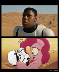 Size: 640x781 | Tagged: safe, edit, edited screencap, editor:teren rogriss, screencap, pinkie pie, earth pony, pony, g4, my little pony: the movie, crossover, desert, finn (star wars), helmet, star wars, star wars: the force awakens, stormtrooper