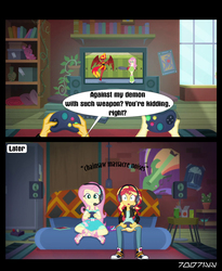 Size: 1288x1572 | Tagged: safe, edit, edited screencap, editor:teren rogriss, screencap, fluttershy, sunset shimmer, equestria girls, g4, game stream, my little pony equestria girls: better together, aurebesh, chainsaw, comic, converse, gamer sunset, screencap comic, shimmercode, shoes, sneakers, sunset satan, video game