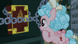 Size: 1280x720 | Tagged: safe, artist:wissle, edit, edited screencap, screencap, cozy glow, pegasus, pony, g4, the summer sun setback, animated, book, broken, canterlot castle, canterlot castle interior, chains, cozy glow is not amused, cozybuse, death, disintegration, female, filly, gif, i can't believe it's not superedit, library, mare, parody, scene parody, shattered, sound at source, what a twist, youtube link