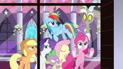 Size: 1920x1080 | Tagged: safe, screencap, applejack, discord, fluttershy, pinkie pie, rainbow dash, rarity, spike, alicorn, dragon, pony, g4, the summer sun setback, stained glass, winged spike, wings