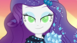 Size: 1280x720 | Tagged: safe, edit, edited screencap, editor:teren rogriss, screencap, rarity, equestria girls, g4, inspiration manifestation, my little pony equestria girls: better together, the other side, green eyes, inspirarity, looking at you, possessed, smiling, smirk, this will end in creativity