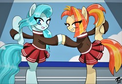 Size: 12400x8600 | Tagged: safe, artist:radiancebreaker, lighthoof, shimmy shake, earth pony, pony, 2 4 6 greaaat, g4, absurd resolution, cheerleader, clothes, cute, flexible, grin, looking at you, miniskirt, pleated skirt, ponytail, skirt, skirt lift, smiling