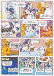 Size: 3495x4895 | Tagged: safe, artist:xeviousgreenii, applejack, bon bon, lyra heartstrings, rarity, scootaloo, spoiled rich, sweetie drops, oc, oc:lucky stellar, pony, comic:the temple of bloom, g4, bed, chainsaw, chair, comic, escii keyboard, log, sleeping, snoring, spider web, tent, the shining, typewriter