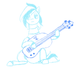 Size: 727x660 | Tagged: safe, artist:nukepony360, oc, oc only, oc:prototype v, android, pony, robot, robot pony, bass guitar, female, musical instrument, playing instrument, sitting, sketch, solo