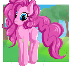 Size: 1968x1802 | Tagged: safe, artist:yutakira92, pinkie pie, earth pony, pony, g4, cute, diapinkes, female, forest, fun, jumping, simple background, solo, wood