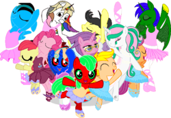 Size: 946x651 | Tagged: safe, artist:angrymetal, apple bloom, pinkie pie, scootaloo, oc, oc:angrymetal, oc:aqua, oc:lost canvas, oc:t.k., oc:thunder breeze, pony, g4, 1000 hours in ms paint, arms in the air, ballerina, ballet, ballet slippers, bloomerina, clothes, en pointe, eyes closed, looking at you, masked matter-horn costume, one arm up, open mouth, pinkarina, power ponies, raised leg, scootarina, simple background, sweetierina, transparent background, tutu, tutus