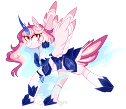 Size: 1701x1467 | Tagged: safe, artist:manella-art, oc, oc only, oc:sunny moonlight, alicorn, pony, alicorn oc, armor, coat markings, colored wings, colored wingtips, ethereal mane, female, looking at you, magical lesbian spawn, mare, offspring, outline, parent:rainbow dash, parent:twilight sparkle, parents:twidash, simple background, socks (coat markings), solo, spread wings, starry mane, tail feathers, transparent background, wings
