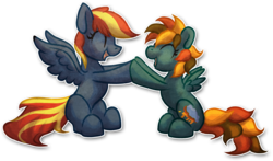 Size: 3818x2244 | Tagged: safe, artist:tiothebeetle, oc, oc only, oc:morning raindew mist, pegasus, pony, series:random gifting is magic, cutie mark, female, high res, holding hooves, mare, similarities, size difference, small wings, spread wings, wings