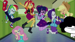 Size: 1280x720 | Tagged: safe, edit, edited screencap, screencap, applejack, fluttershy, rainbow dash, rarity, sci-twi, sunset shimmer, twilight sparkle, do it for the ponygram!, equestria girls, g4, my little pony equestria girls: better together, animated, applejack's hat, cowboy hat, female, geode of shielding, geode of super speed, geode of super strength, geode of telekinesis, hat, magical geodes, male, meme, op, op is a duck, op is trying to start shit, sound, sr pelo, the end of equestria girls, webm