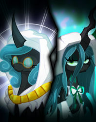 Size: 1500x1900 | Tagged: safe, artist:geraritydevillefort, queen chrysalis, changeling, changeling queen, g4, eyes closed, fate/extra, fate/grand order, female, kiara sessyoin, mirror universe, reversalis, smiling