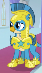 Size: 509x884 | Tagged: safe, screencap, gallus, griffon, g4, the last problem, armor, cropped, helmet, male, older, older gallus, royal guard, royal guard armor, royal guard gallus, solo, wings