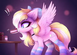 Size: 5333x3785 | Tagged: safe, artist:magnaluna, oc, oc only, oc:bay breeze, pegasus, pony, bow, cake, chest fluff, clothes, commission, cute, ear fluff, female, food, hair bow, mare, mouth hold, ocbetes, plate, socks, solo, stockings, striped socks, table, tail bow, thigh highs, ych result