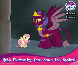 Size: 940x788 | Tagged: safe, gameloft, fluttershy, the sphinx, pegasus, pony, sphinx, g4, official, app store, female, google play, mare, my little pony logo, scared