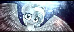Size: 1360x587 | Tagged: safe, artist:miastu2003, oc, oc only, pegasus, pony, art trade, digital art, female, looking at you, mare, solo, spread wings, wings