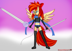 Size: 5164x3669 | Tagged: safe, artist:blossomblaze, oc, oc:blossomblaze, pegasus, anthro, armor, belly button, blue eyes, bow, clothes, collar, female, gloves, long gloves, long hair, long socks, long tail, scarf, sword, weapon, wings