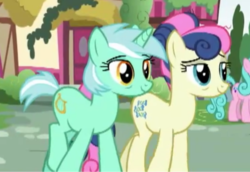 Size: 516x356 | Tagged: safe, screencap, bon bon, lyra heartstrings, sweetie drops, earth pony, pony, g4, the last problem, alternate hairstyle, female, married couple, older
