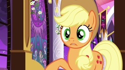 Size: 1920x1080 | Tagged: safe, screencap, applejack, earth pony, pony, g4, the summer sun setback, female, mare, solo, stained glass