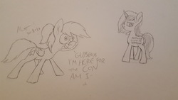 Size: 3264x1836 | Tagged: safe, artist:moonatik, oc, oc:moonatik, oc:sign, pegasus, pony, unicorn, trotcon, anyway come to trotcon, body writing, dialogue, doodle, female, glasses, lineart, male, mare, ponytail, signature, stallion, traditional art