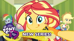 Size: 1280x720 | Tagged: safe, screencap, applejack, fluttershy, rainbow dash, rarity, sunset shimmer, do it for the ponygram!, equestria girls, g4, spoiler:eqg series (season 2), canterlot high, cute, equestria girls logo, female, shimmerbetes, tongue out, youtube, youtube link in the description, youtube thumbnail