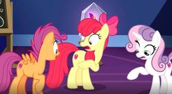 Size: 1089x597 | Tagged: safe, screencap, apple bloom, scootaloo, sweetie belle, earth pony, pegasus, pony, unicorn, g4, growing up is hard to do, cutie mark, cutie mark crusaders, female, horn, imdb, mare, older, older apple bloom, older cmc, older scootaloo, older sweetie belle, raised hoof, surprised, the cmc's cutie marks