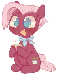 Size: 730x970 | Tagged: safe, artist:pinkiespresent, jasmine leaf, earth pony, pony, g4, cup, cute, female, jasminebetes, no pupils, sitting, solo, teacup