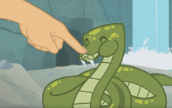 Size: 1493x942 | Tagged: safe, edit, edited screencap, screencap, antoine, pony, python, snake, g4, she talks to angel, aweeg*, boop, boop edit, cute, danger noodle, eyes closed, fangs, finger, hand, snek, this will end in pain and/or tears and/or death, this will end in poisoning