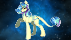 Size: 1519x853 | Tagged: safe, artist:serafima-aka-sefa, oc, oc only, oc:kris, hybrid, monster pony, original species, pony, tatzlpony, claws, hooves, looking at you, multicolored hair, paws, piercing, smiling, solo
