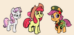 Size: 915x437 | Tagged: safe, artist:soulcentinel, apple bloom, scootaloo, sweetie belle, earth pony, pegasus, pony, unicorn, fanfic:twin fates, g4, adorabloom, alternate design, alternate universe, bow, clothes, cowboy hat, cute, cutealoo, cutie mark crusaders, diasweetes, female, filly guides, foal, hat, pleated skirt, skirt, skirtaloo, smug, stetson