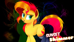 Size: 1920x1080 | Tagged: safe, artist:s4rvin, sunset shimmer, pony, unicorn, g4, clothes, deviantart watermark, female, looking at you, mare, obtrusive watermark, socks, solo, watermark