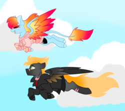 Size: 4500x4000 | Tagged: safe, artist:crazysketch101, oc, oc only, oc:ashton burnside, oc:crazy looncrest, pegasus, pony, clothes, colored wings, duo, flying, gradient mane, gradient wings, hoodie, jacket, leonine tail, scar, ship:burncrest, shipping, wings