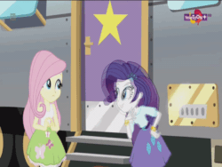 Size: 600x450 | Tagged: safe, screencap, chestnut magnifico, fluttershy, rarity, equestria girls, equestria girls specials, g4, my little pony equestria girls: movie magic, abuse, animated, door slam, female, gif, legs, ouch, raribuse, trailer, wrong aspect ratio