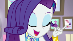 Size: 1920x1080 | Tagged: safe, screencap, rarity, do it for the ponygram!, equestria girls, g4, my little pony equestria girls: better together, eyes closed, eyeshadow, geode of shielding, magical geodes, makeup, open mouth, pointing